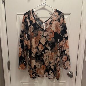 Women’s V-Neck Long Sleeve Floral Top in Black and Peach